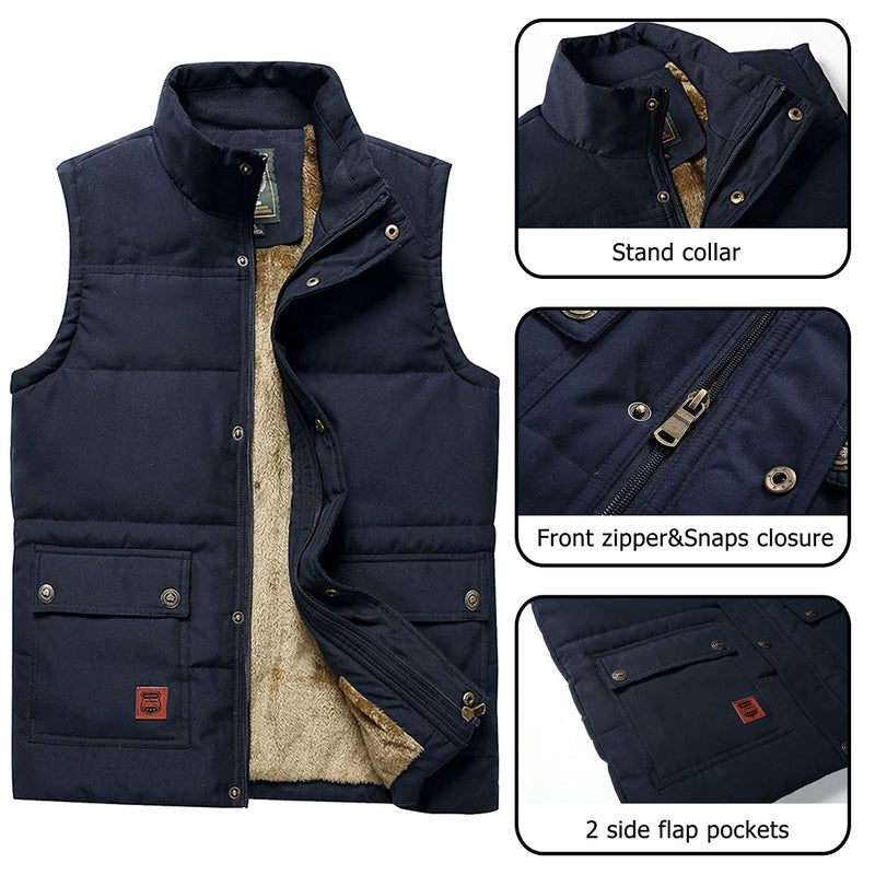 Vcansion Men's Outdoor Casual Stand Collar Thicken Qulited Fleece Jacket Vest Padded Lightweight Down Cotton Vest Coat Blue US L - Image 2